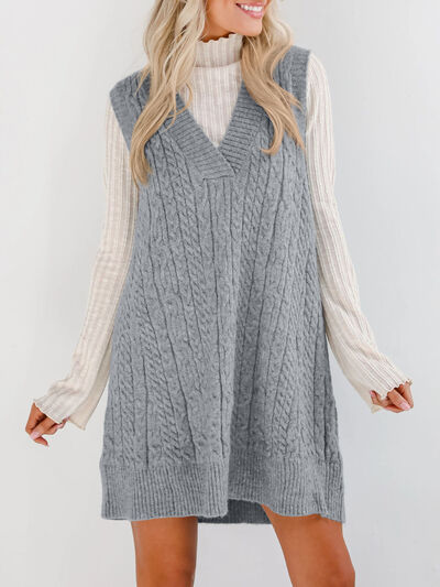 Lovelet Sweater Dress Mini V Neck Sleevless Cable Knit Overall f56070f1-1505-44b6-af92-2b8905246f08-Min Trendsi