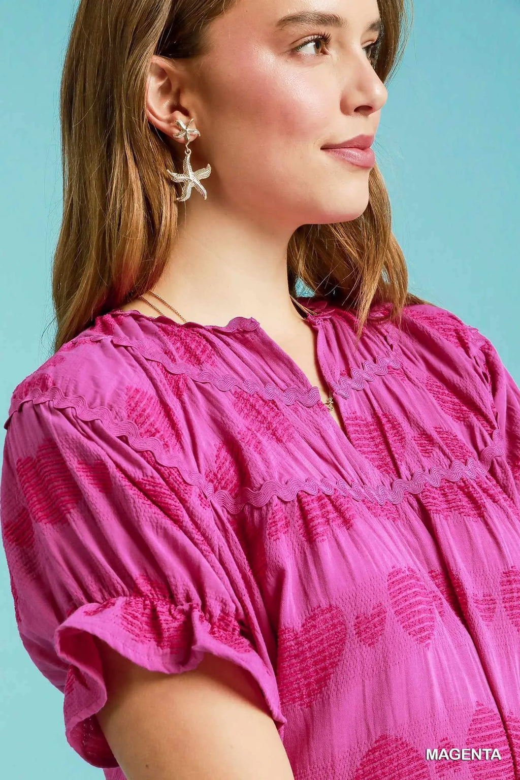 Umgee Babydoll Dress Magenta Pink Heart Pattern Short Sleeve Ruffle f562df48-8474-4f87-a6ec-1dd3bab7e13b-Max-Origin Trendsi