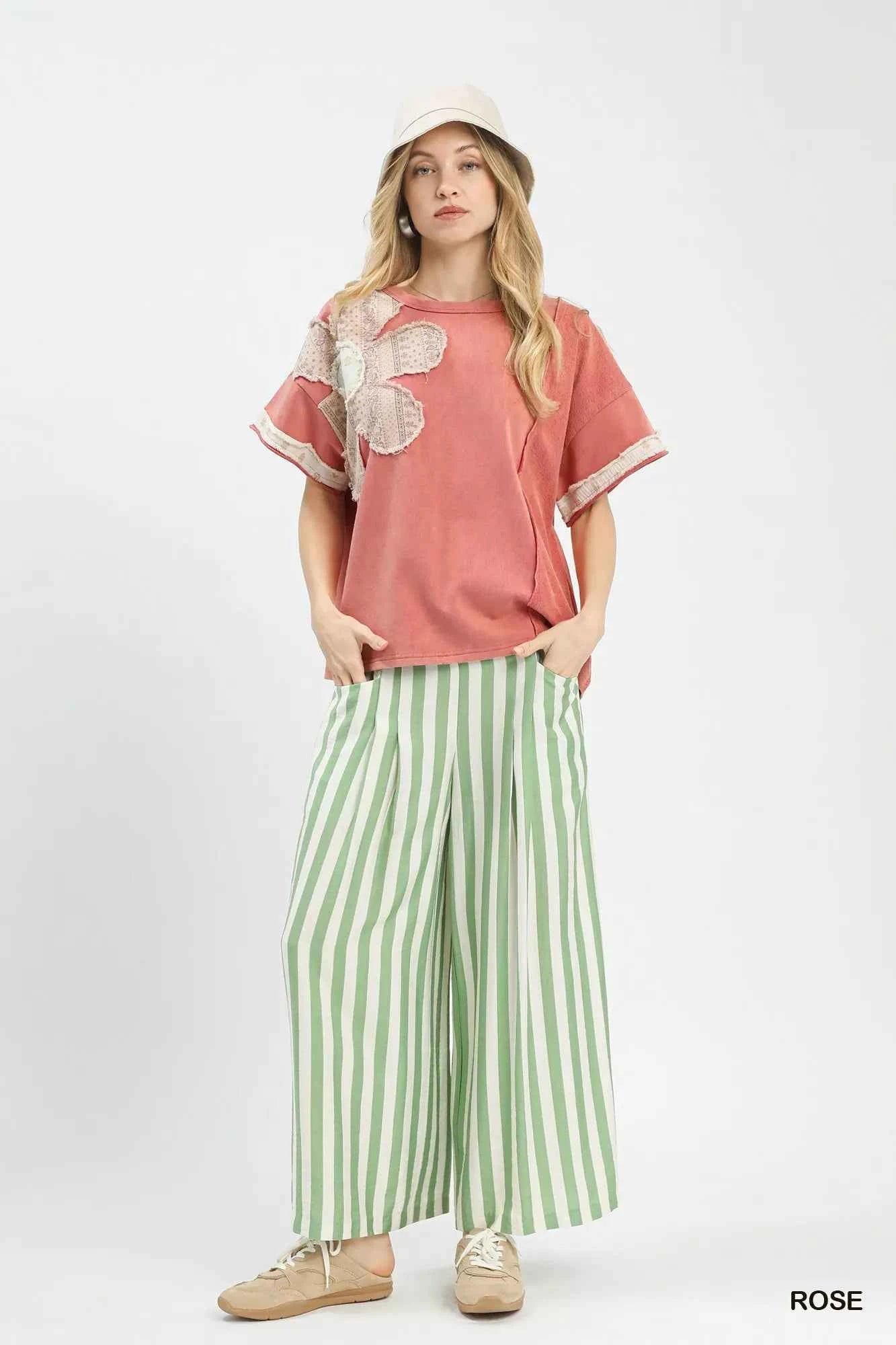 Umgee Blouse Rose French Terry Top with Flower Patch Short Sleeve f572b515-8bf3-4689-a357-d3488770eb5b-Max-Origin Trendsi