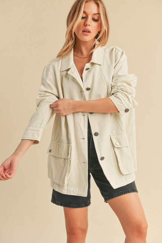 Aemi + Co Button Up Jacket Ivory Seam Detail Long Sleeve with Pockets Ivory
