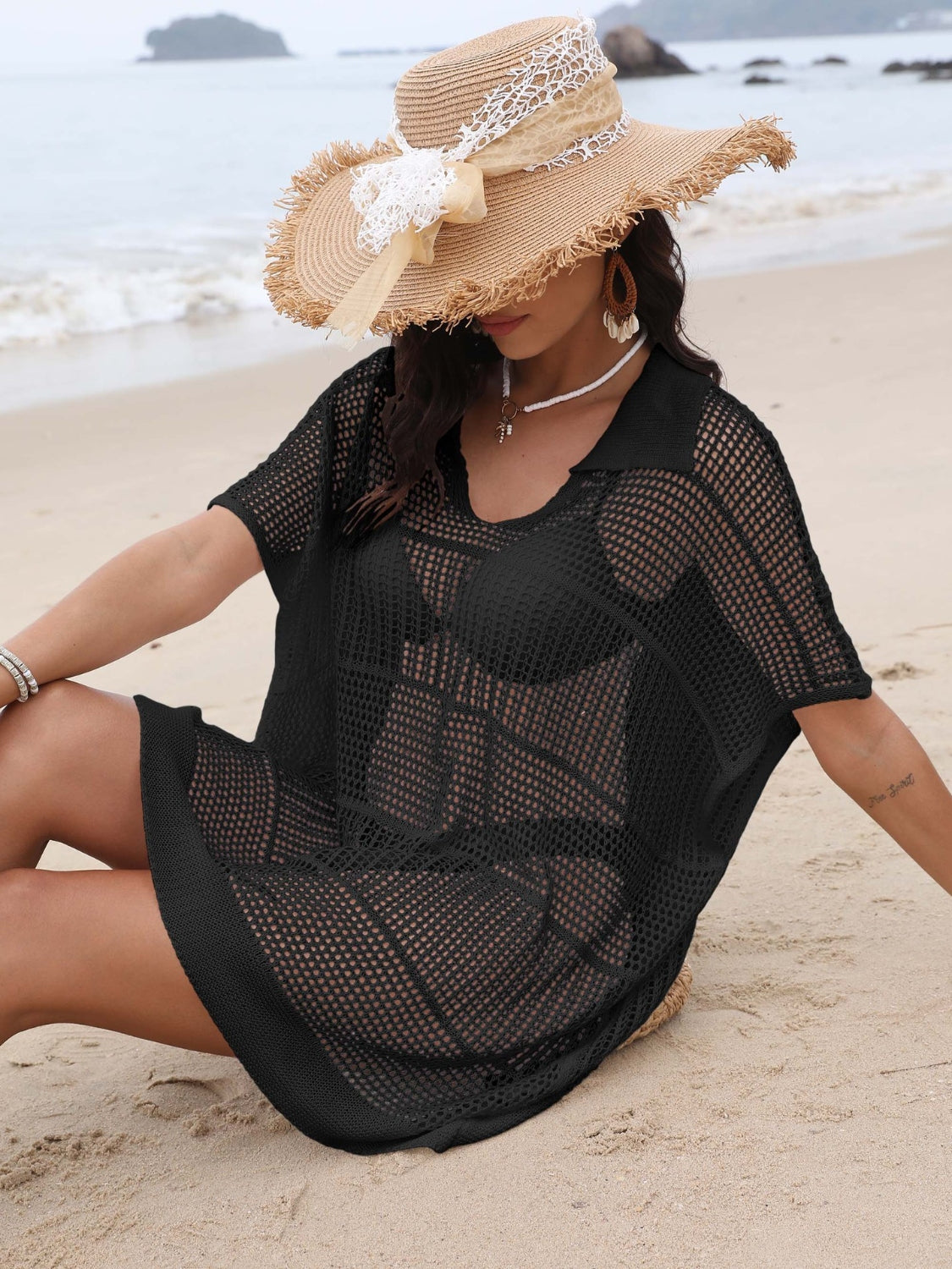 Cover-Up Dress Hollow Out Collared Neck Short Sleeve Sheer Openwork Black One Size f5747bed-2bef-4dcf-a962-278820196cb7-Max Trendsi