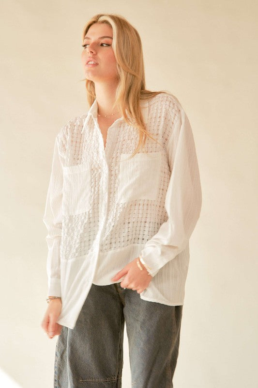 Women's Shirt White Jacquard Crinkled Button Down Davi & Dani Long Sleeve f574a76d-27af-40c0-a40e-89b45ae57090-Max Trendsi