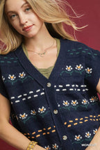 Umgee Womens Knit Vest with Floral Pattern Midnight Blue Buttoned Sweater f579d153-2943-4bc8-b3dd-27e8c54d5946-Max-Origin Trendsi