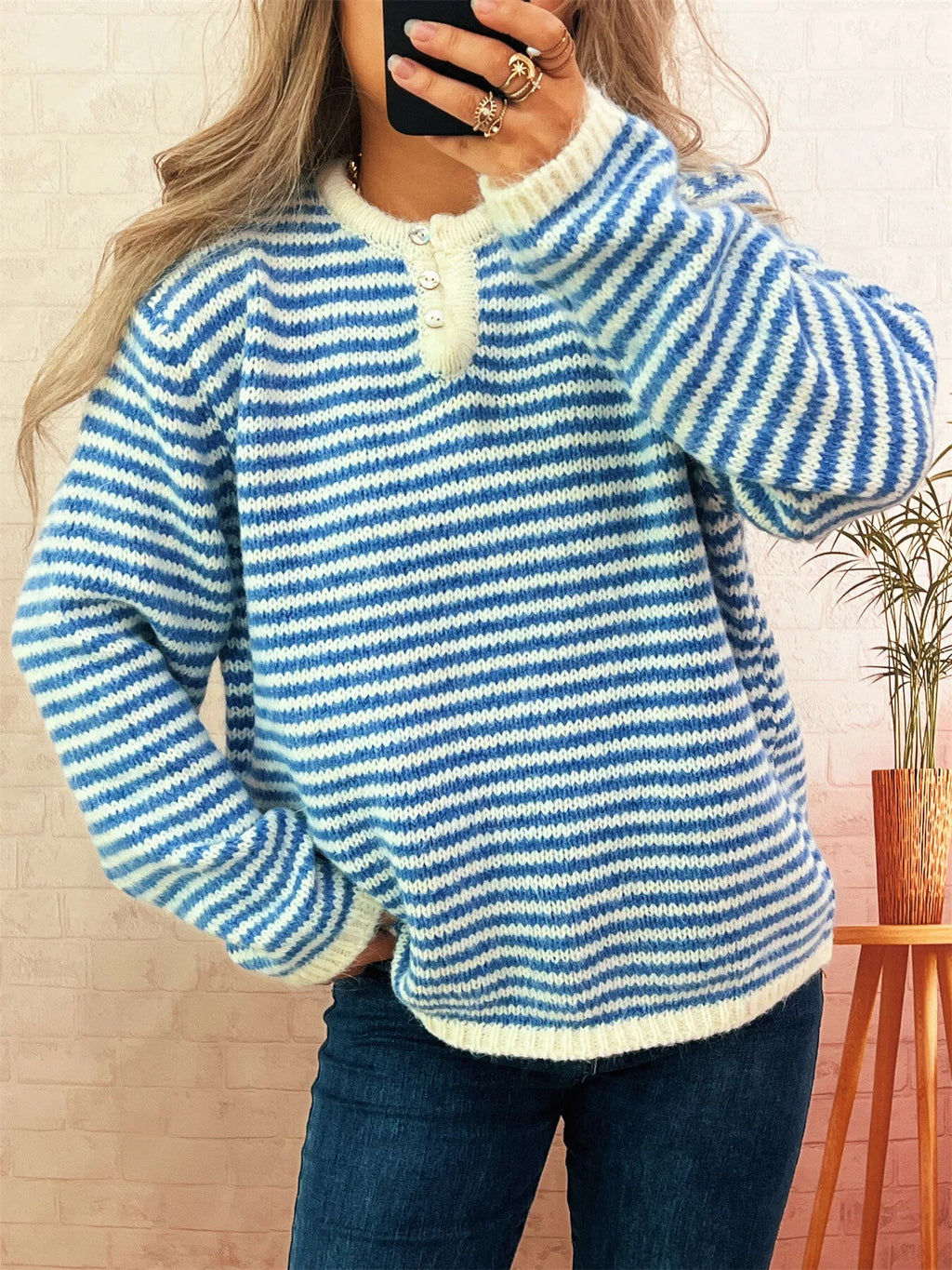 Women's Sweater Striped Button Detail Long Sleeve Pullover f59c5869be5f44e8baee021aec19c7df-Max-Origin Trendsi