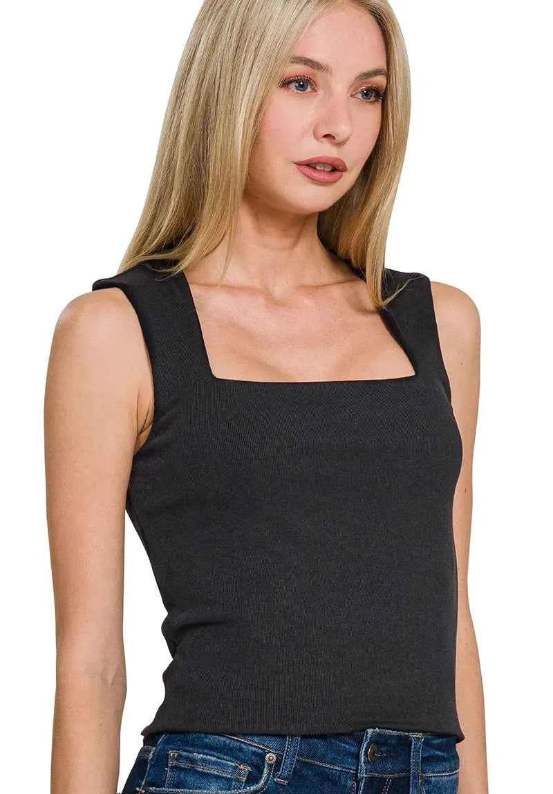 Zenana Tank Top Black Ribbed Seamless Double Layered Square Neck BLACK f5a63e3ecb11432d9b38399b99318d02-Max-Origin Trendsi