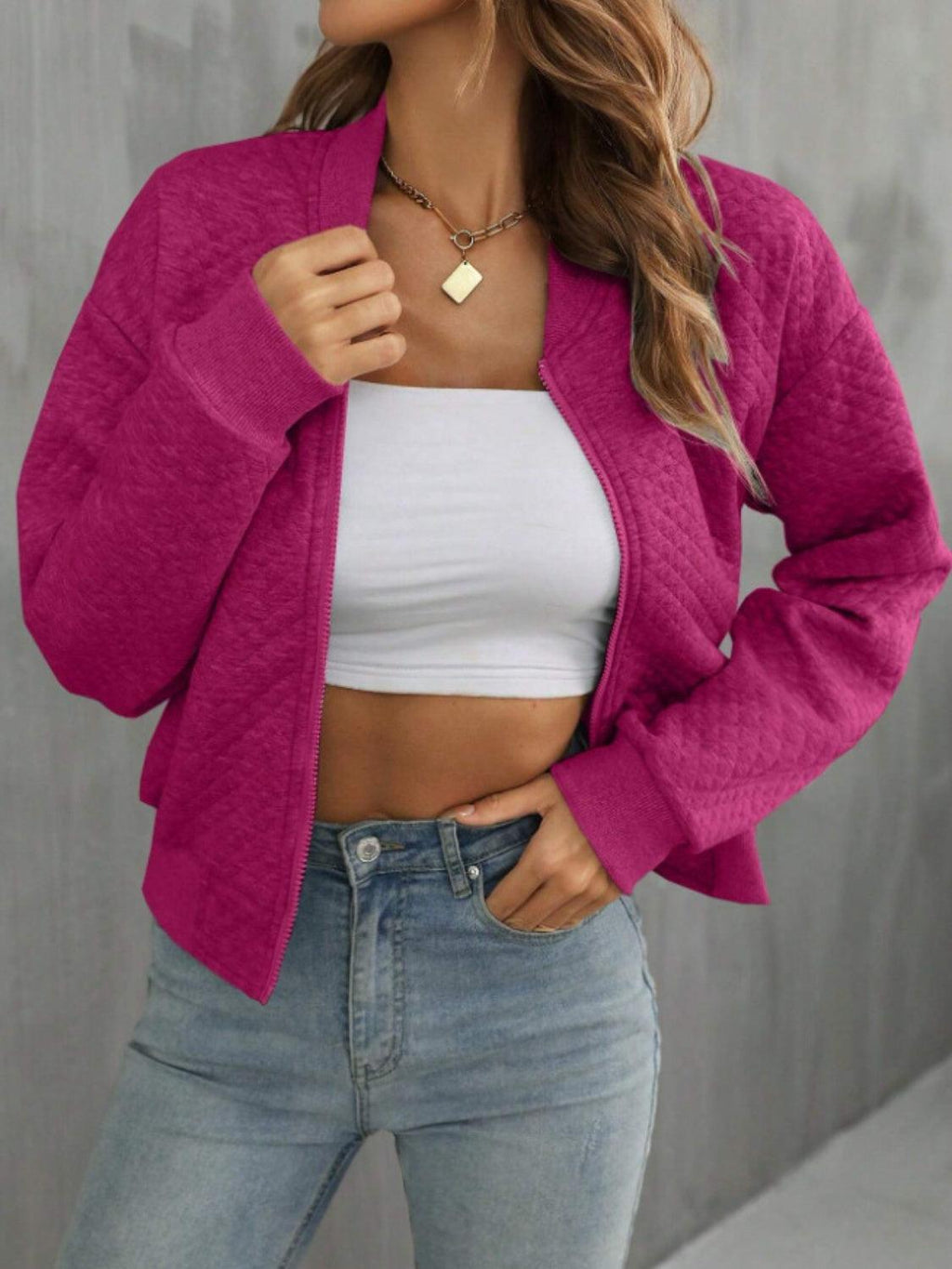 Textured Jacket Zip Up Long Sleeve Short Outwear f5a9a11e-db0e-4ce8-bbc5-d898560017ad-Max_e8c81db3-bd71-4bc6-8ab5-5ad075332182 Trendsi