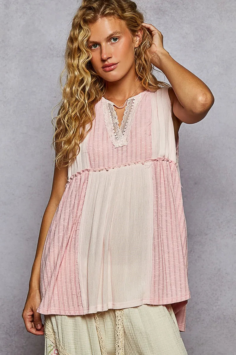 POL Tank Top Pink Lace Trim Two-Tone with Pintuck Detail Tied Sleeveless Pink f5abc17e-f91e-4ed3-b5ae-561acf71a7a9-Max-Origin Trendsi
