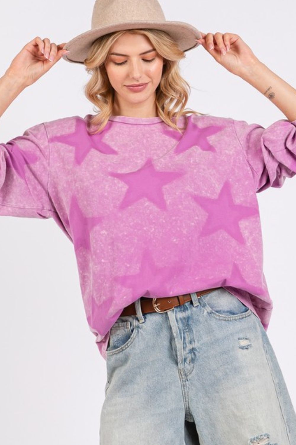 SAGE+FIG USA Star Pattern T-shirt Long Sleeve Mineral Wash Mauve Cotton Tops Moonlit Mauve f5ae10d8-25dc-451a-a036-bc51f1c1ee2a-Max Trendsi