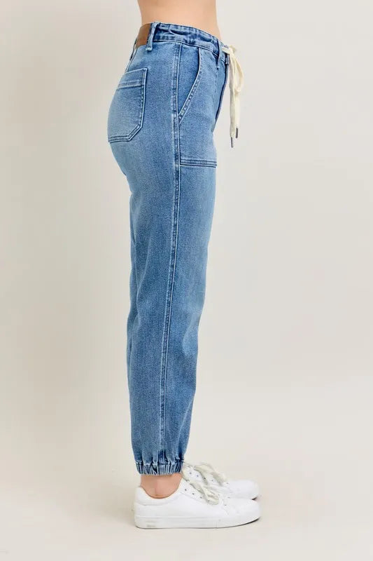 Judy Blue Denim Jogger Pants High Waist Drawstring Medium Wash f5b45f0169b84c63907ffced0e7ffc60-Max-Origin Trendsi