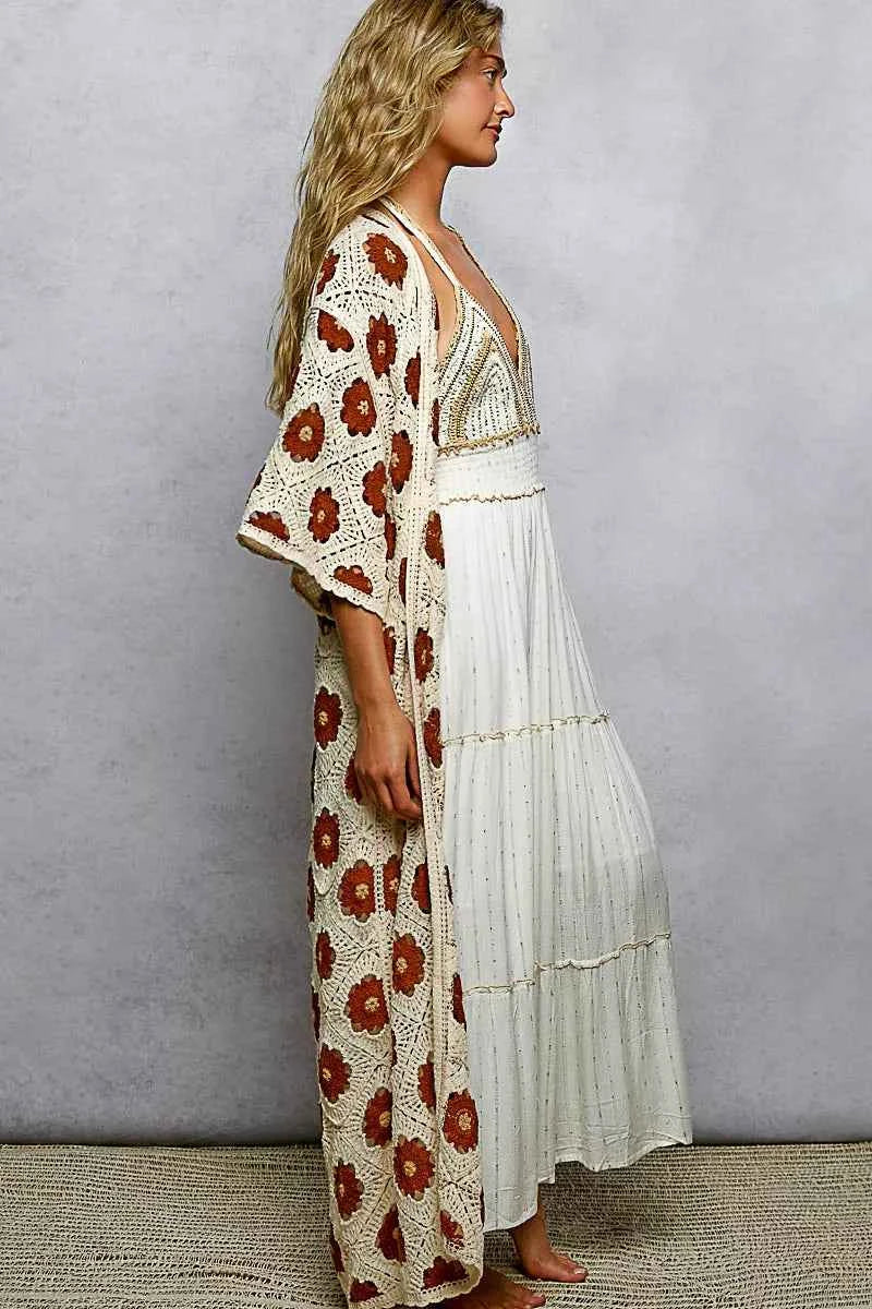 POL Crochet Longline Cardigan Floral Choco Multi Open Front Knit f5b5ecd4-9538-4e1d-a781-bdd954e8175f-Max-Origin Trendsi