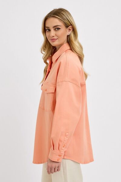 RISEN Denim Shacket Button Down Long Sleeve Watermelon Pink Pocketed f5b756ab-eb98-459b-ad3e-5270091d88c5-Min Trendsi