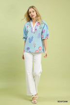 Umgee Womens Blouse Sky Blue Floral Puff Short Sleeve Top Scallop Trim Collar f5b90b72-afca-47dd-93f4-61ab7015a857-Max-Origin Trendsi