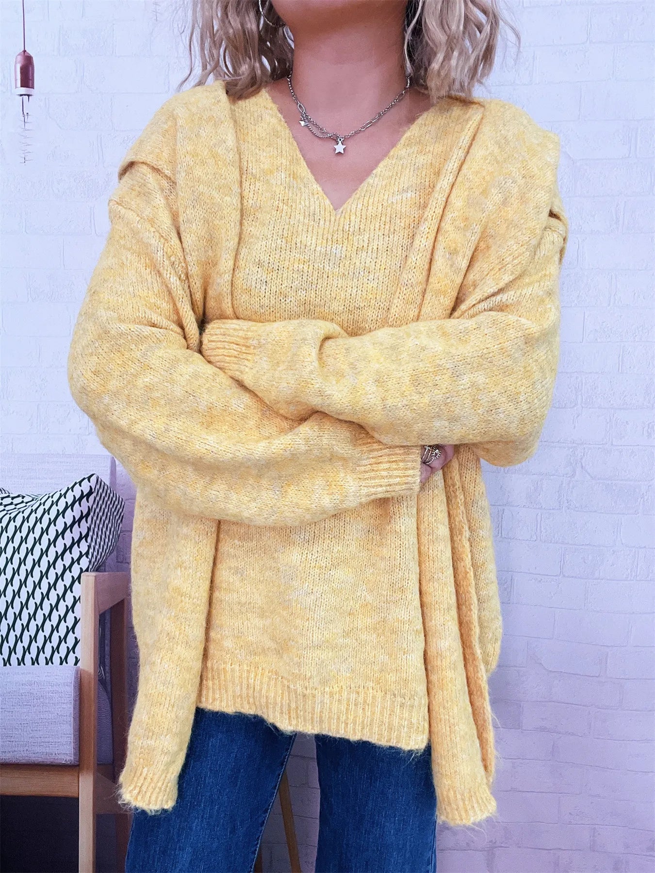 Women's Sweater with Shawl Knit Ribbed Ribbed Hem V-Neck Long Sleeve Yellow One Size f5befd898e44415ab43ed779c7a6ca26-Max-Origin Trendsi