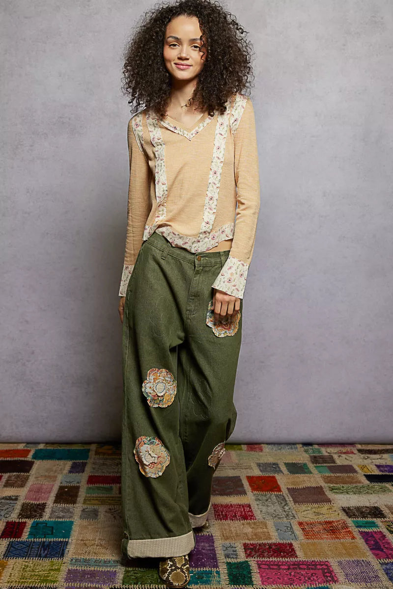 POL Women's Ribbed Top Floral Nude Beige Patch V-Neck Long Sleeve Blouse f5c0da95-e1f1-4e5e-8d46-1f70ef69d747-Max-Origin Trendsi