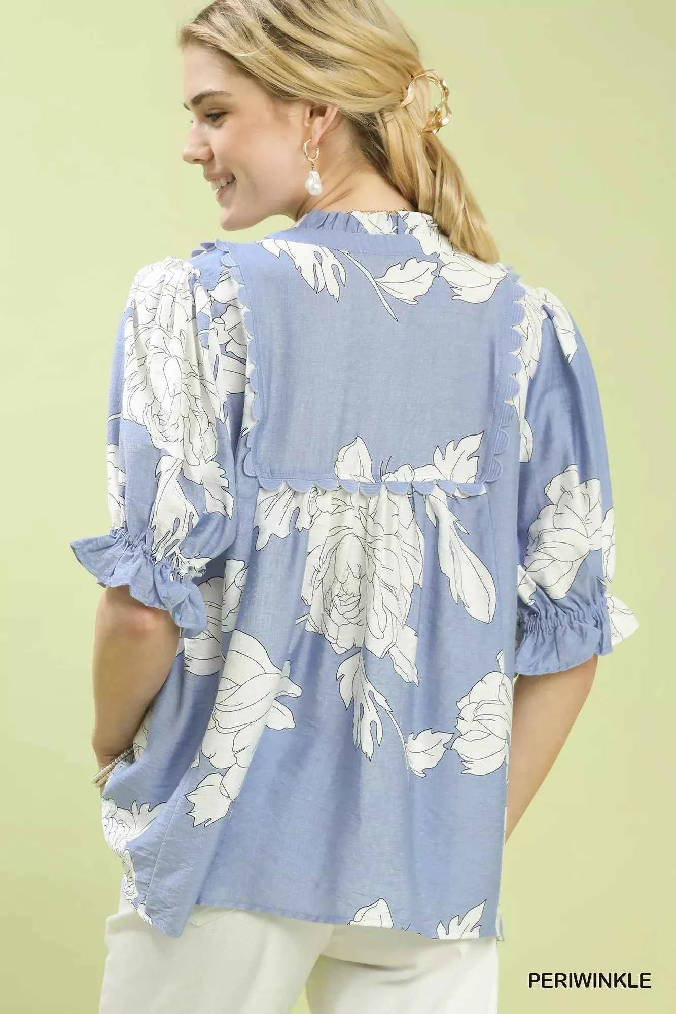 Umgee Peony Illustration Print Top with Scalloped Trim