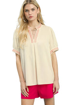 Umgee Embroidered Linen Puff Sleeve Blouse