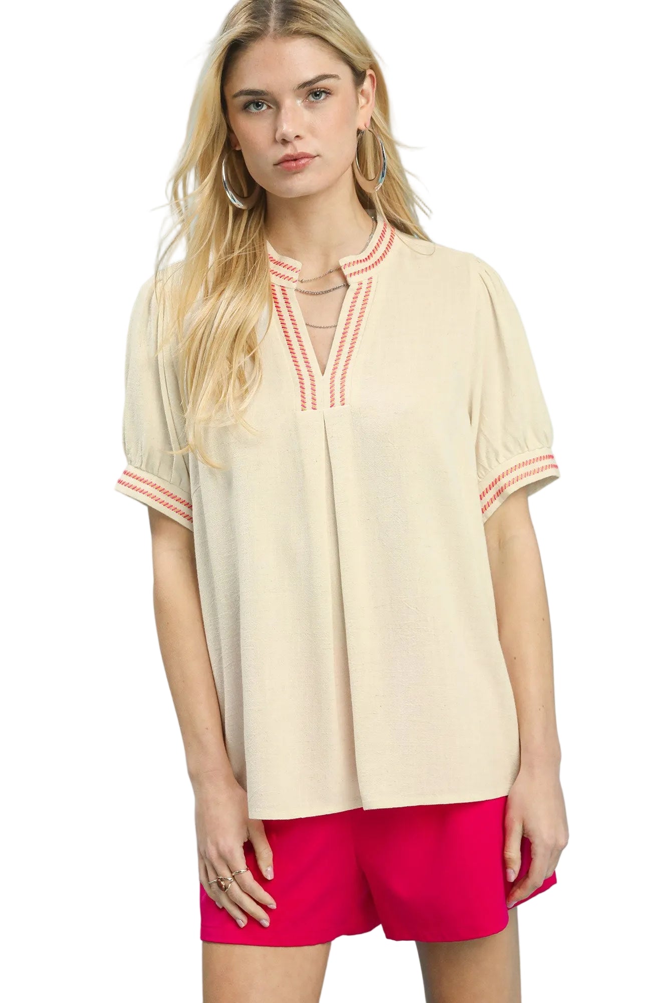 Umgee Embroidered Linen Puff Sleeve Blouse