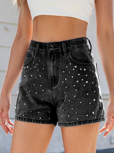 Moni Wear Denim Shorts Women's Rhinestone Washed High Waist f5c76a13-3333-4b24-b859-56ba3a10399d-Min Trendsi