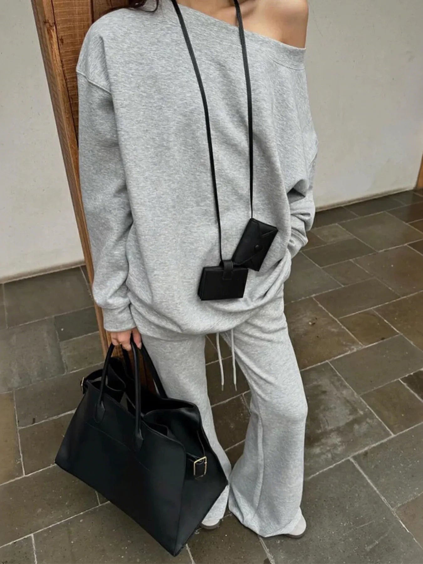 Women's Outfit Set Gray Off-Shoulder Long Sleeve Top and Drawstring Pants Gray f5c86bb53a774d48af1a6ce129f821a1-Max-Origin Trendsi