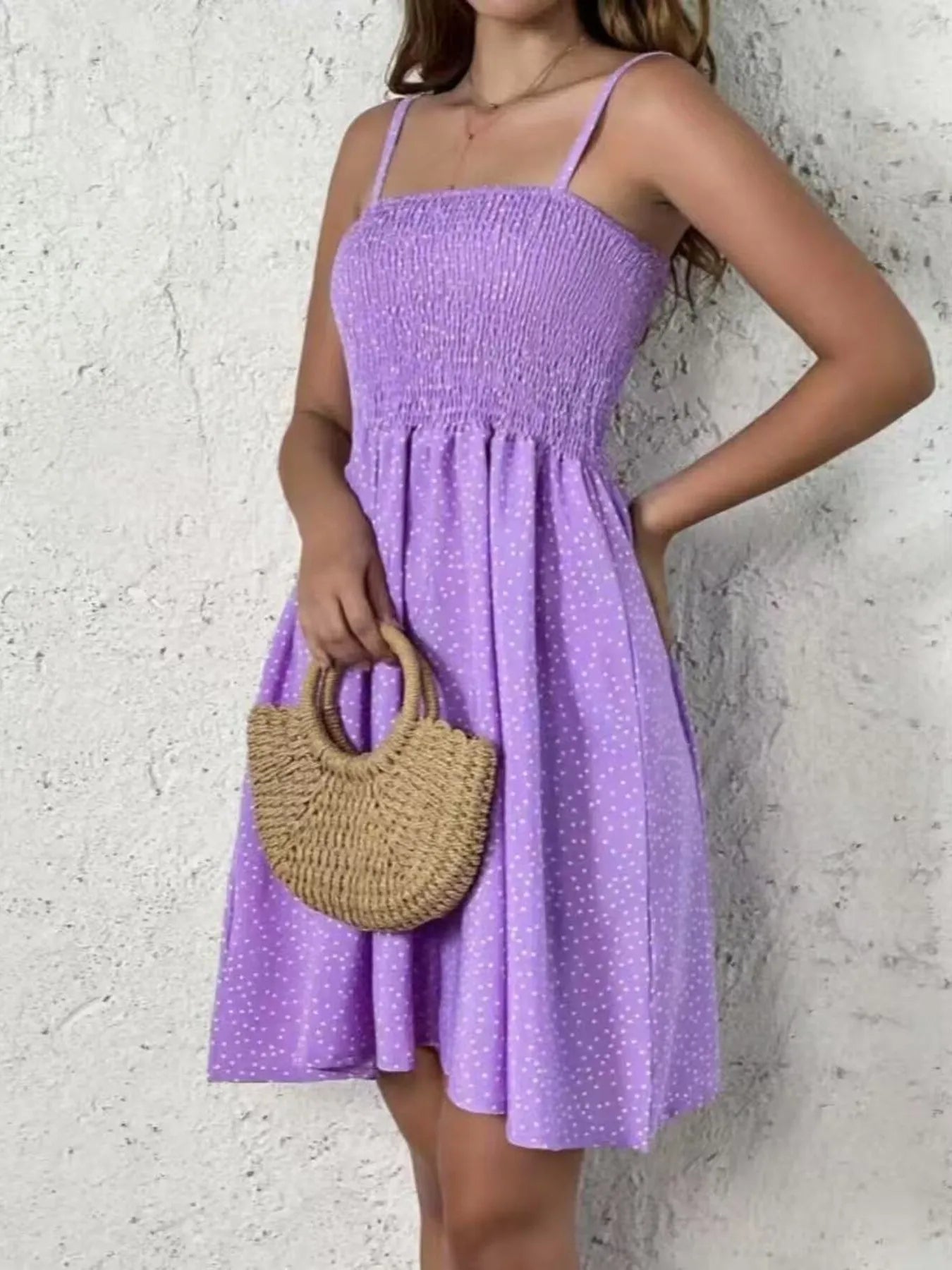 Mini Cami Dress Swiss Dot Smocked Square Neck with Thin Straps f5c8f8d503374e6a81561ea17bff253f-Max-Origin Trendsi