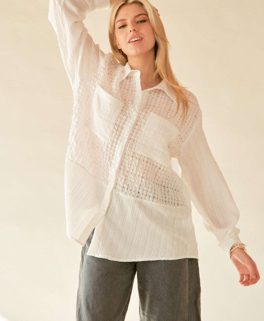 Women's Shirt White Jacquard Crinkled Button Down Davi & Dani Long Sleeve White f5ca1078-9f9e-455d-b215-a16c8cb744bd-Max Trendsi