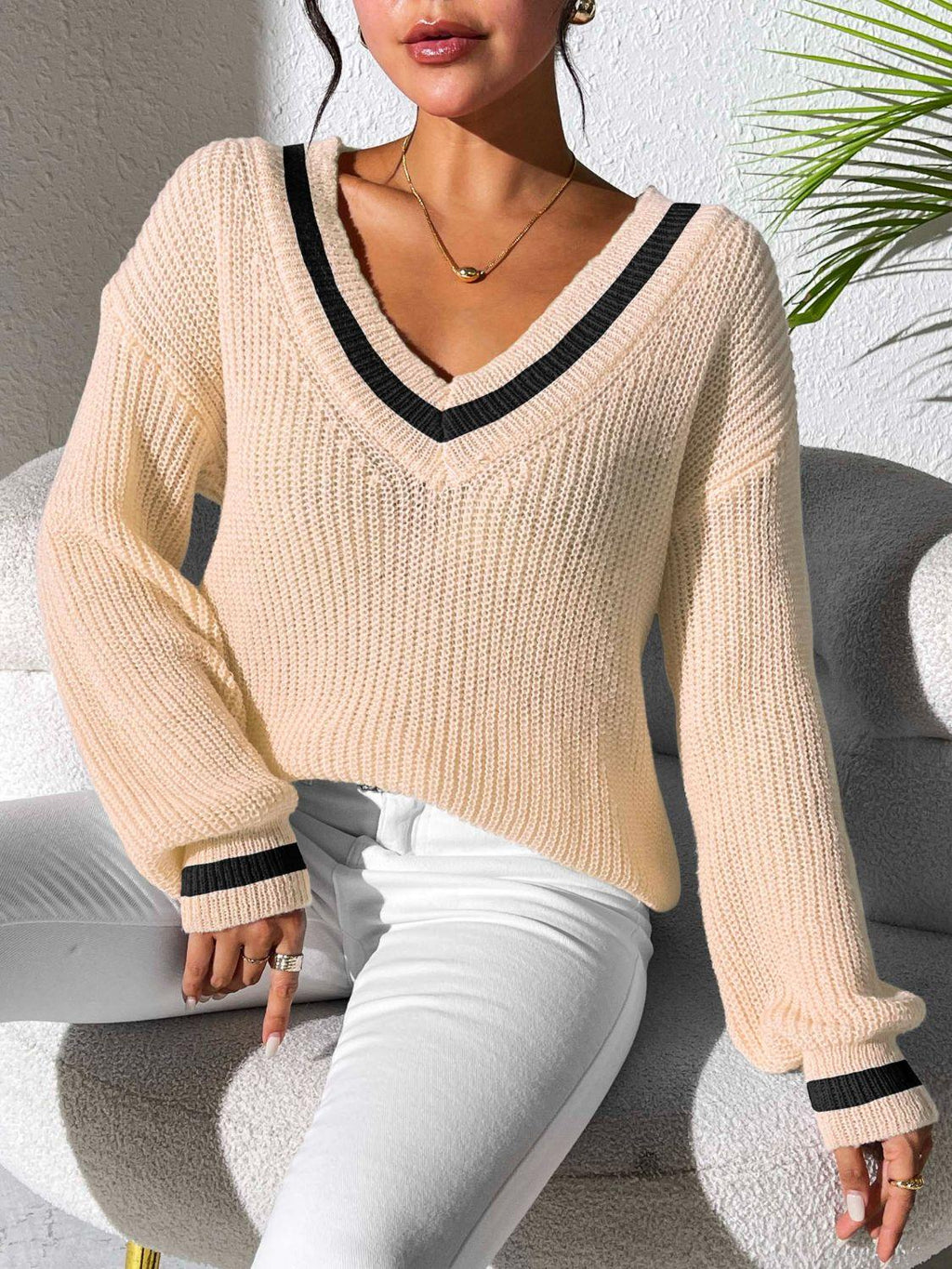 Sweater Knit V-Neck Contrast Stripe Trim Long Sleeve Knitwear Tan f5de9b50-bd5e-4733-b433-61f1bb51a885-Max Trendsi
