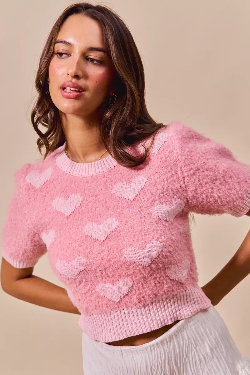 SO ME Valentine Cropped Sweater Pink All Over Heart Short Sleeve f5e57b6e048c49478ee47d5c2ae727c5-Max-Origin Trendsi