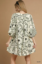 Umgee Mini Dress Boho Olive Printed Balloon 3/4 Sleeve f5e5b89a-5301-4114-9243-a3e0a583fd43-Max-Origin Trendsi