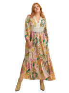 Plus Size Printed V-Neck Dress with Lace Detail and Balloon Sleeves