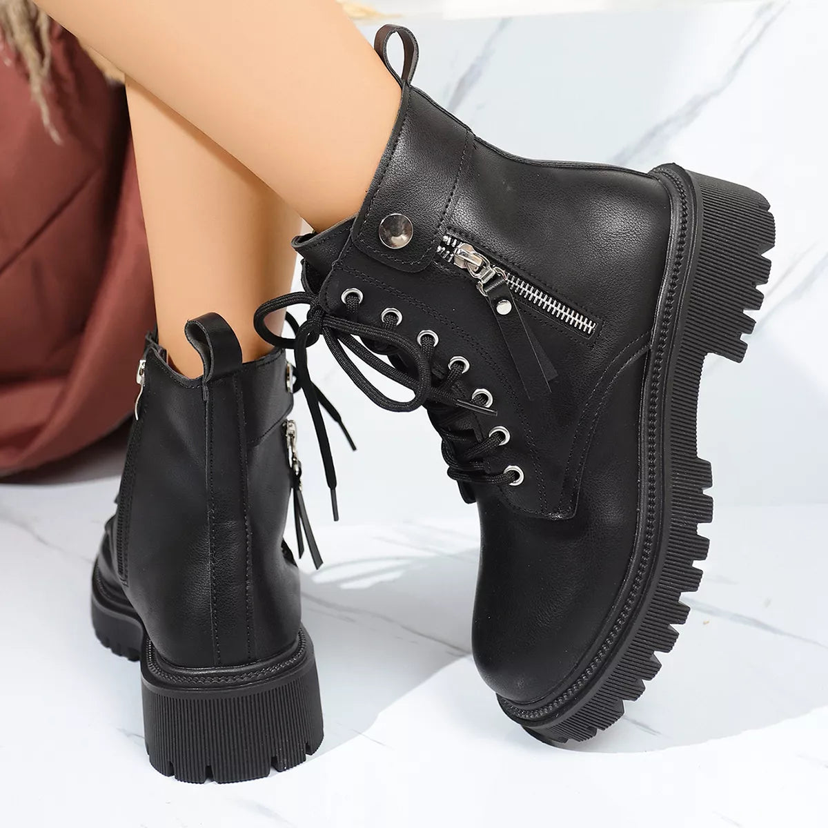 Women's Boots Black Pu Leather Round Toe Block Mid Heels Shoes f5f6dccaf7ac4fb99f4a67e2738b0be7-Max-Origin Trendsi