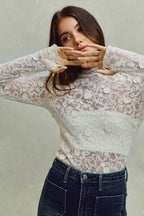 SO ME Womens Blouse Lace Off White Long Sleeve 3d Effect Floral Layering Top f600d1f7a4a544cc9e37e2adb07a0ef3-Max-Origin Trendsi