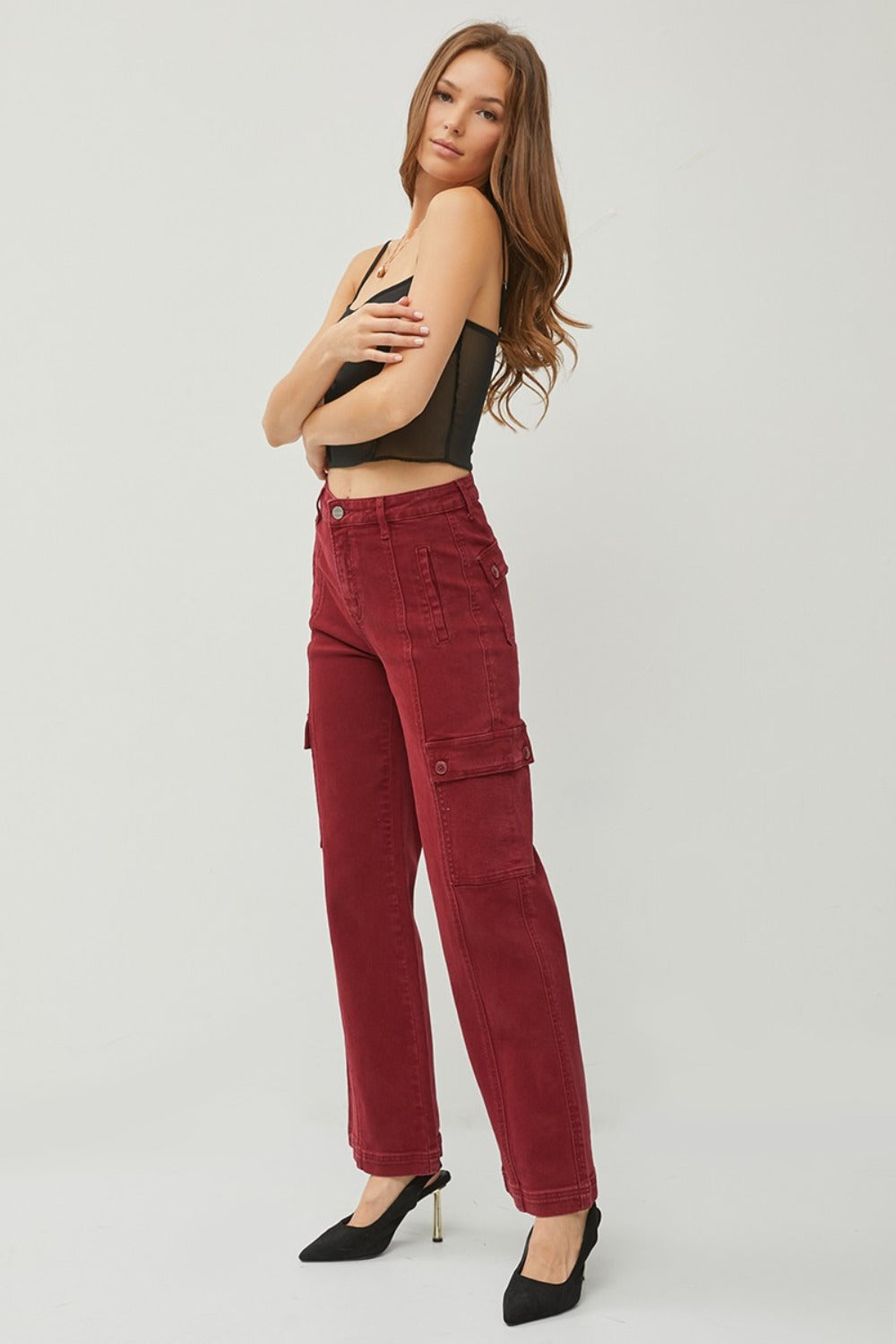 RISEN Wide Leg Cargo Jeans Burgundy High Waist Women Cotton Denim Pants Pocketed f601881d-6963-4c2a-bc6a-a3cbb4153f7f-Max Trendsi