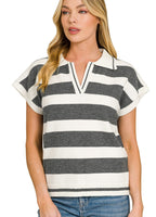 Zenana Striped Collared Short Sleeve Sweater