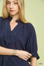 Umgee Linen Blouse Navy Blue Scalloped Ruffle Neck Top f606edca-39e7-4778-9eb0-c952975abd3e-Max-Origin Trendsi