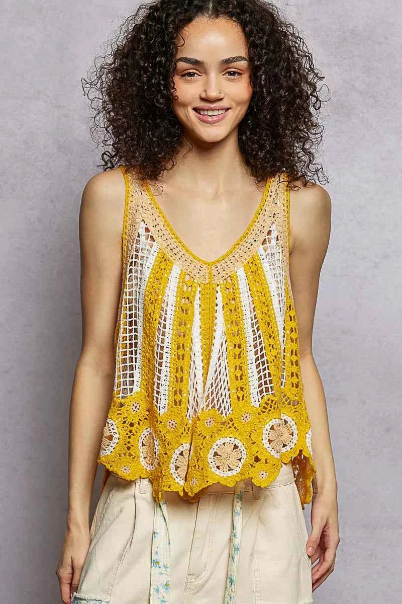 POL Tank Top Openwork Knit Yellow Multi Stripe Pattern Flowy with Scalloped Edge f60777c1-1bfc-42eb-b13d-6ab209f26d21-Max-Origin Trendsi