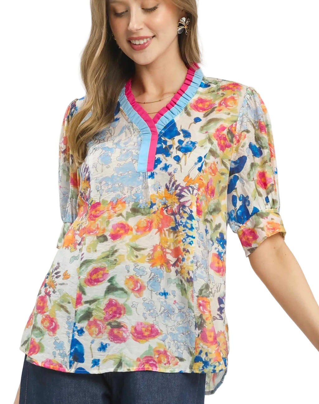 Umgee Floral Contrast Pleated Neck Top