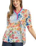 Umgee Floral Contrast Pleated Neck Top