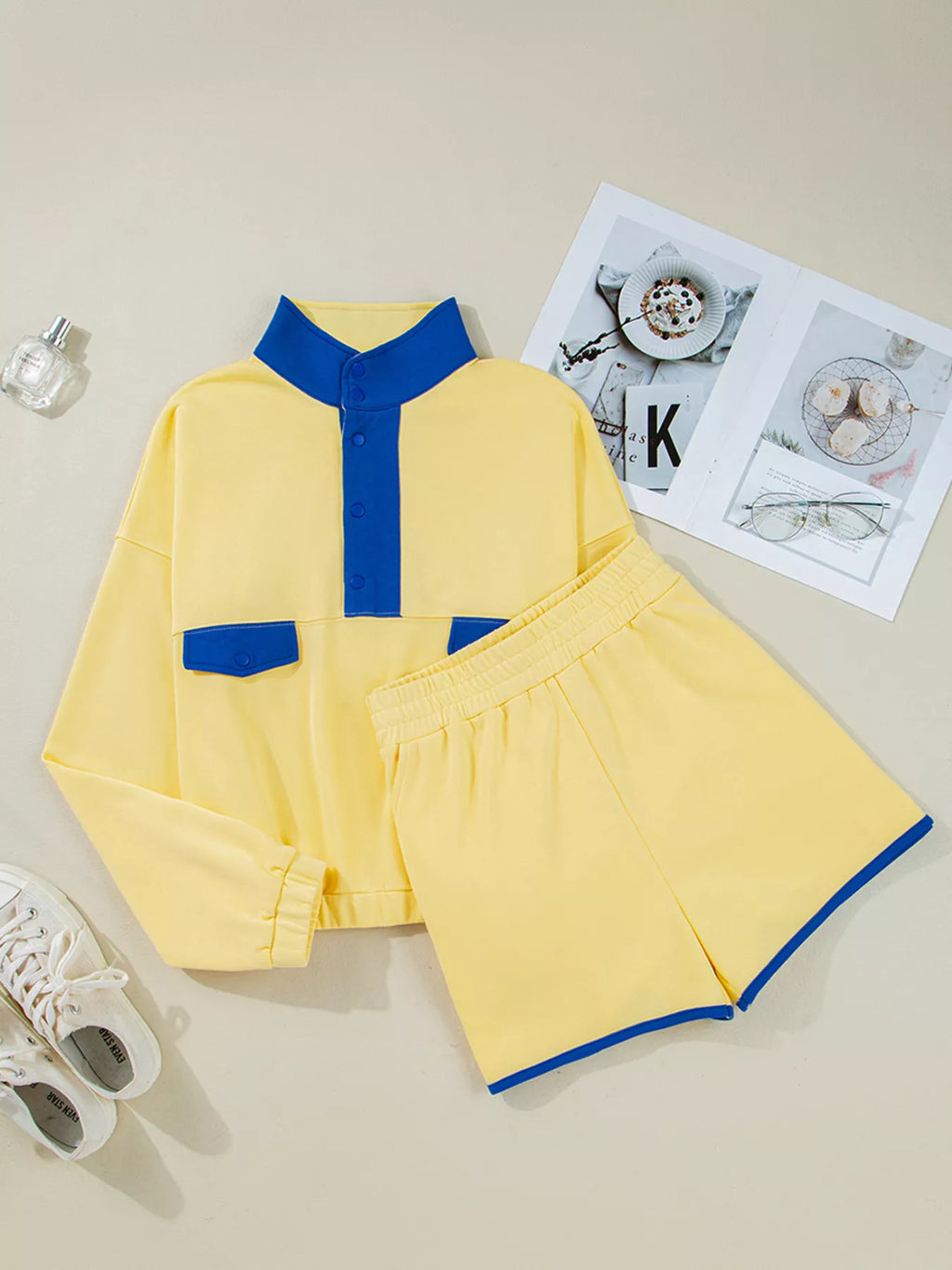 Women's Casual Set Color Yellow Block Patchwork Half Button Top and Shorts 2pcs f60b07881fde4af9960dd8d1bfc5be5c-Max-Origin Trendsi