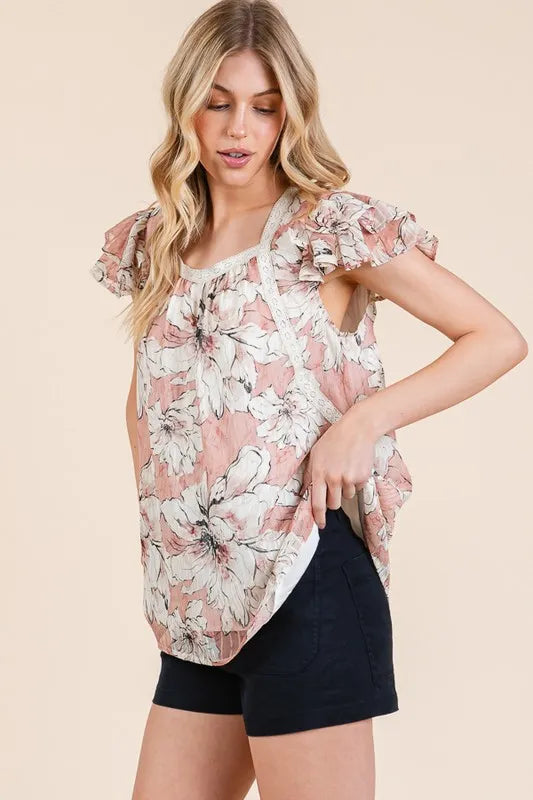 Lime 'N' Chili Blouse Pink Floral Print Lace Trim Puff Short Sleeve f615a9ba2588432cae846860d6ed4bc3-Max-Origin Trendsi