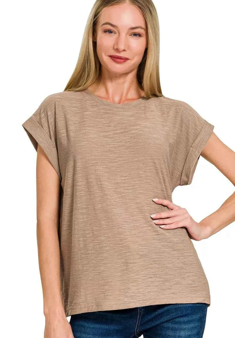 Zenana Women T-shirt Ash Mocha Slub Cuffed Short Sleeve Top Tee ASH MOCHA f61d96b8d3794c4485dbd54ba211d569-Max-Origin Trendsi