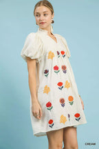 Umgee Mini Dress Cream Floral Embroidered Puff Short Sleeve f61fe70e-c360-4fea-ab3f-d4b503aab427-Max-Origin Trendsi