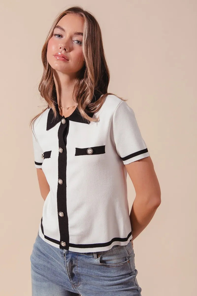 SO ME Sweater Shirt Top Classic Button Up Knitted Short Sleeve Ivory Black f6288befed90405aaeb89b5dac48fb74-Max-Origin Trendsi