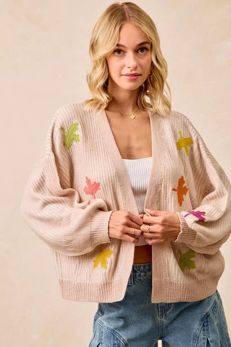 BiBi Two Tone Knit Cardigan with Leaf Patches