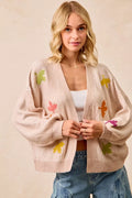 BiBi Knit Cardigan Womens Oatmeal Two Tone with Leaf Patches Open OATMEAL f63492c38c9246f4abe60930fe28601f-Max-Origin Trendsi