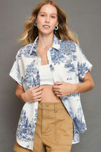 Umgee Shirt Blue Floral Two Tone Print Collared Short Sleeve Top Blue f63948ae-47ee-4d69-a1b2-6faaf72c1c94-Max Trendsi