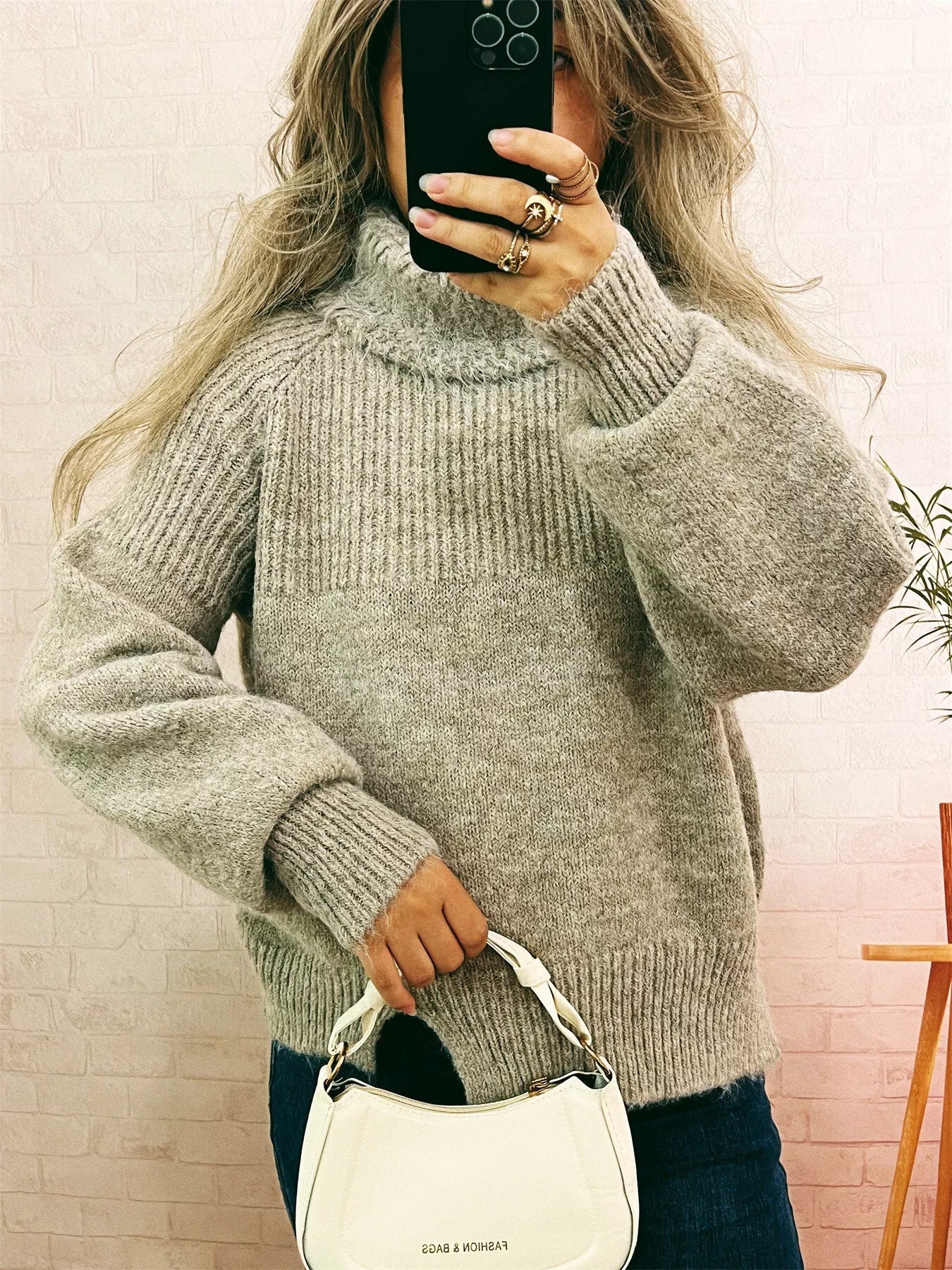 Women's Sweater Ribbed Knit Turtleneck Long Sleeve Pullover Khaki One Size f6398d0e0b584331bfb466057b924899-Max-Origin Trendsi