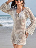 Swimwear Cover-Up Mini Dress Knit Long Sleeve Flower V Neck Apricot f640300a-a120-4074-b426-2fb74c2f7d2c-Max-Origin Trendsi