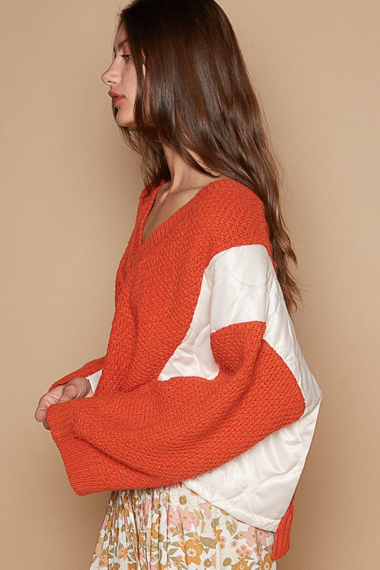 POL Sweater Women's Cable Knit Orange Quilting Patch Contrast V-Neck f643847b-df1e-4a74-860b-0916cc51043e-Max Trendsi