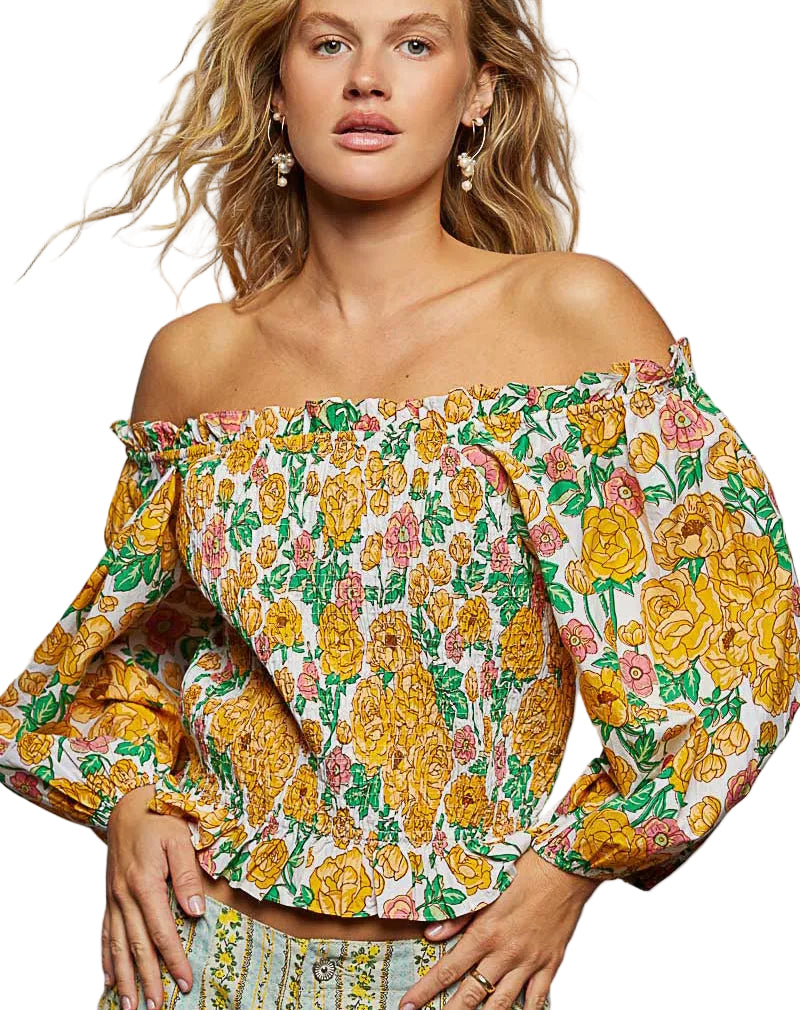 POL Floral Print Off-the-Shoulder Smocked Blouse