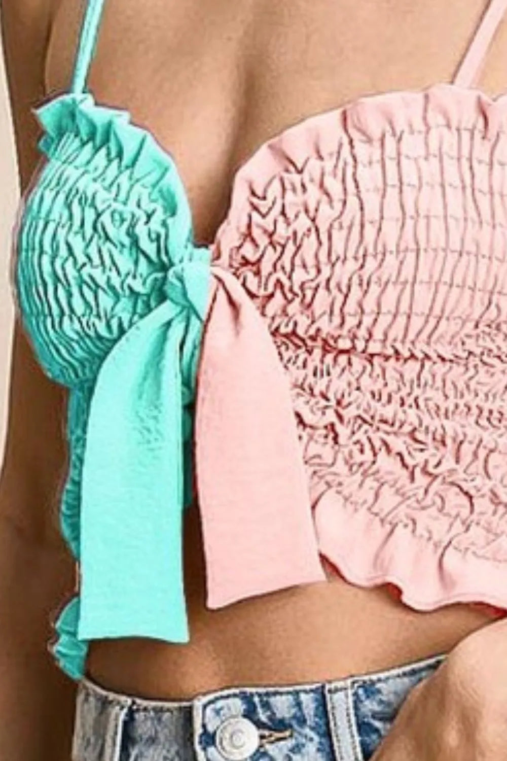 BiBi Bra Top Woven Mint Pink Color Block Smocked with Ribbon f6525fdb-7338-4857-8fe6-e3bc2306c4f8-Max-Origin Trendsi